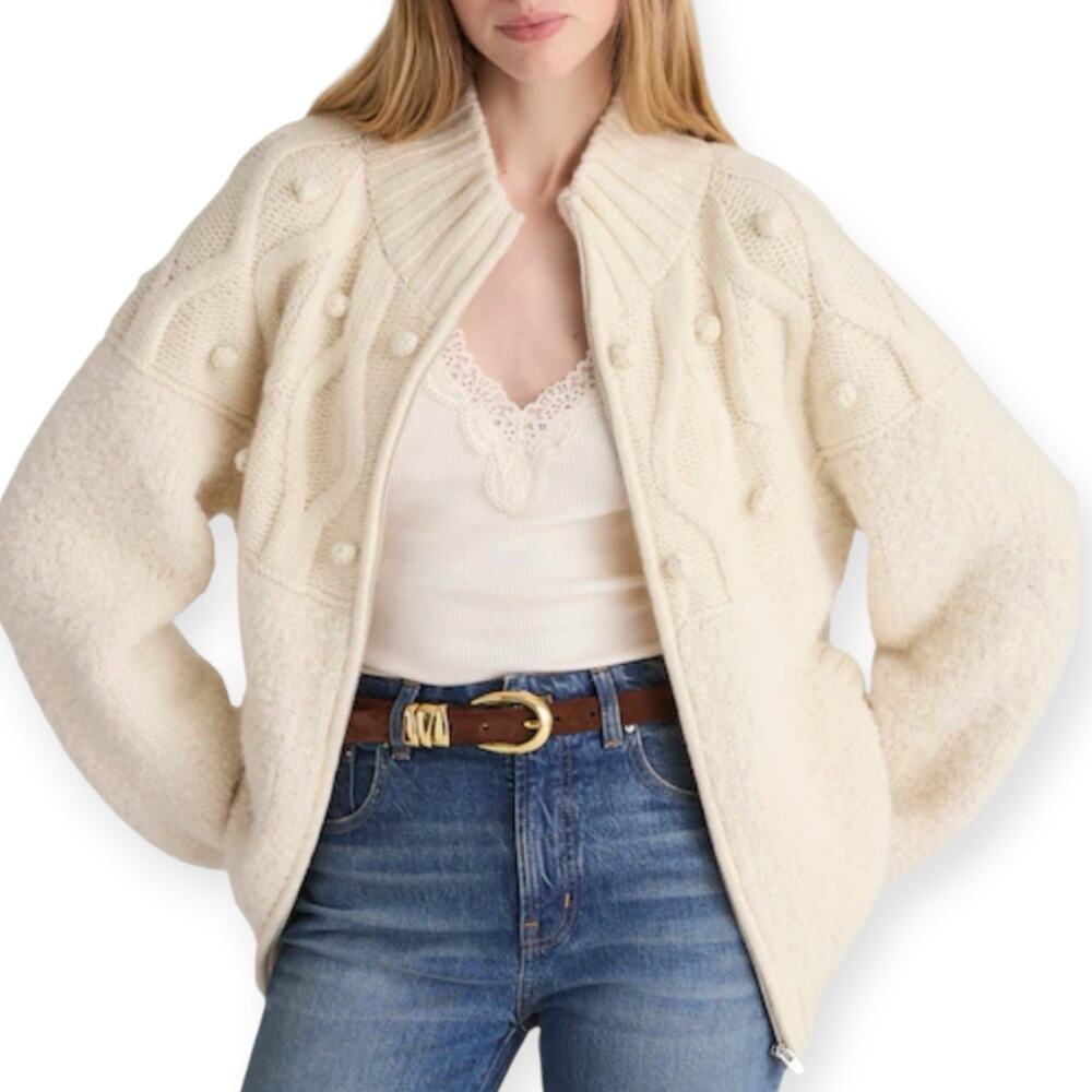 NWT Madewell Zip Front Mockneck Cardigan Pom Pom Sweater Ivory Medium